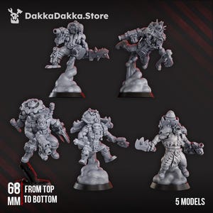 May include: Five gray miniature figures in dynamic poses, each mounted on a cloud-like base. The figures are heavily armored, with weapons and mechanical details. The text "DakkaDakka.Store" is at the top, and "68 mm from top to bottom" and "5 models" are at the bottom.