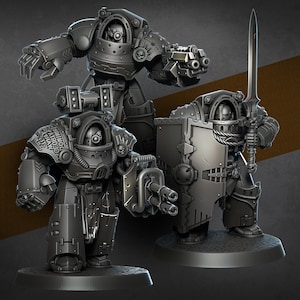 May include: Three gray, futuristic armored figures. One figure is posed with a sword and shield, another with a large gun, and the third with a large mechanical hand. The figures are on a gray base.
