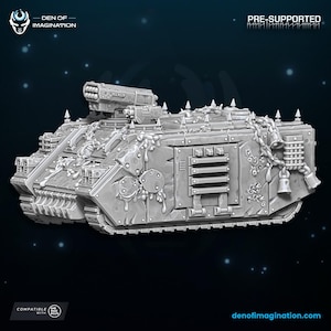 May include: A gray, detailed, pre-supported 3D printed model of a futuristic tank with a large gun turret and chains. The tank is covered in a slimy, viscous substance. The text "PRE-SUPPORTED" is visible at the top of the image.