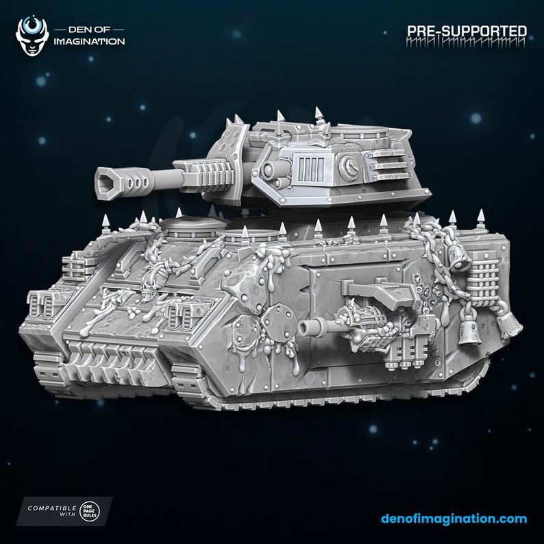 May include: A grey 3D printed model of a heavily armored tank with a large cannon and spikes. The tank is covered in chains and bells. The model is pre-supported and compatible with "Dark Page Rules".