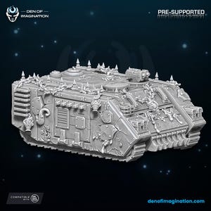May include: A detailed, gray, 3D printed model of a heavily armored, futuristic tank with chains and spikes. The tank has a large, detailed gun turret on top. The model is pre-supported and compatible with Dark Age rules.