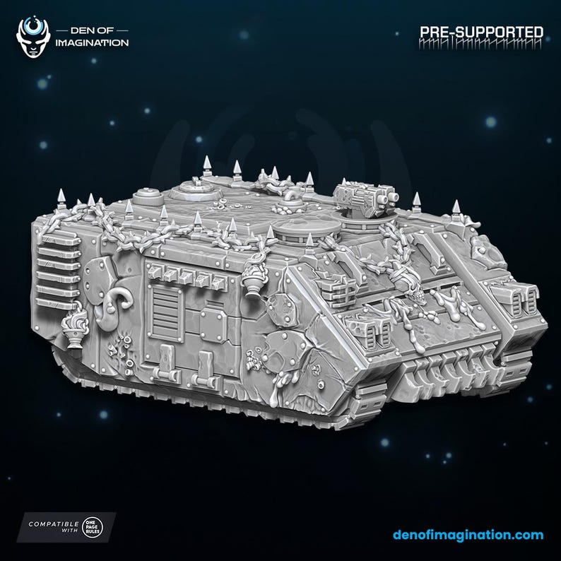 May include: A detailed, gray, 3D printed model of a heavily armored, futuristic tank with chains and spikes. The tank has a large, detailed gun turret on top. The model is pre-supported and compatible with Dark Age rules.