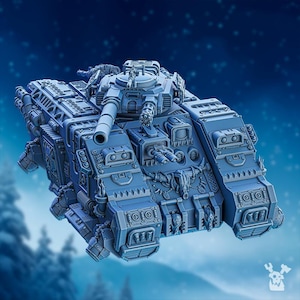 May include: A gray, detailed, futuristic tank model with a large cannon and intricate details. The tank has a skull and horns on the front and is set against a blue background.