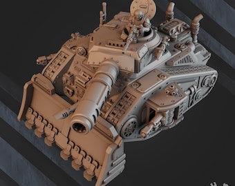 Pode incluir: Modelo cinza detalhado de um tanque futurista com um canhão grande e uma lâmina frontal. O tanque apresenta detalhes mecânicos intrincados, incluindo rebites, tubos e uma torre com uma figura de soldado. O design sugere um tema de ficção científica ou jogo de guerra.