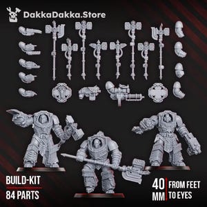 Peut inclure: Un kit de construction en résine grise comprenant 84 pièces pour trois figurines de guerriers en armure. L'ensemble inclut diverses armes comme des marteaux et des haches, des épaulettes et des bras. Les figurines mesurent 40 mm des pieds aux yeux.
