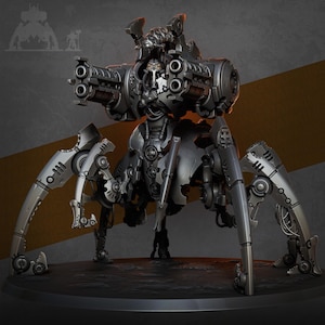 Peut inclure: Un robot araignée métallique argenté détaillé, avec de multiples pattes articulées et une grande structure en forme de canon sur le dos. Le robot présente des détails mécaniques complexes, sur fond sombre.