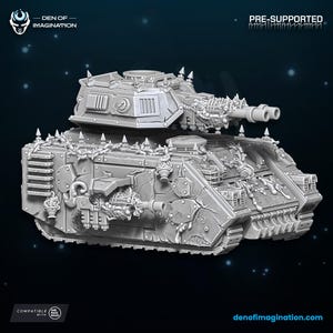 May include: A gray, detailed, pre-supported 3D printed model of a futuristic tank with a large gun turret and chains. The tank is designed for tabletop gaming and is compatible with the "Dark Page Rules" system. The text "DEN OF IMAGINATION" and "PRE-SUPPORTED" are visible on the image.
