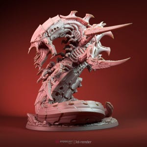 Könnte beinhalten: Detailliertes 3D-Modell einer monströsen Kreatur mit segmentiertem Körper, scharfen Klauen und einem klaffenden Maul voller Zähne. Das Modell ist hauptsächlich cremefarben mit rosa Akzenten, vor rotem Hintergrund. Der Text "HYDRACAST | 3d-render" ist sichtbar.