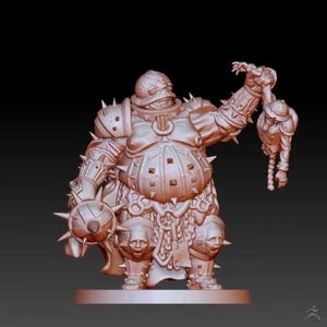 Puede incluir: Figura renderizada en 3D de un guerrero grande y blindado con púas, sosteniendo una figura más pequeña. El guerrero tiene un casco, armadura con tachuelas y una maza. La figura es de color marrón claro y está sobre una base.