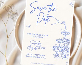 Plantilla para guardar la fecha en la Torre de Champán Azul / Invitación de boda editable (Descarga digital)