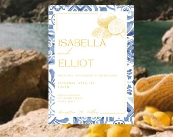 Invitación de boda en la Costa Amalfitana / Azulejos azules, Capri limón (Plantilla digital)