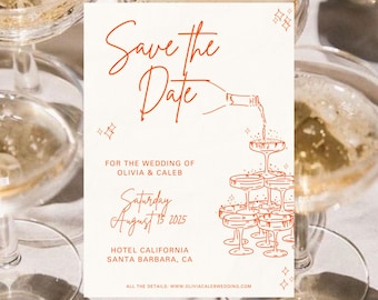 Invitación de boda editable con diseño de Torre de Champán Rojo (Descarga digital)