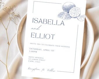 Plantilla de invitación de boda con limón mediterráneo azul: boda de destino inspirada en Capri
