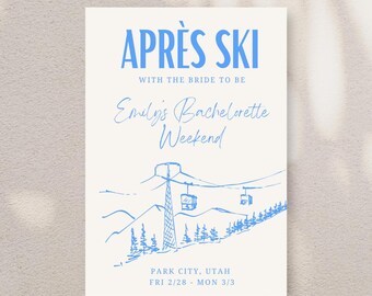 Invitación para despedida de soltera en la montaña después de esquiar / Descarga digital personalizable en azul