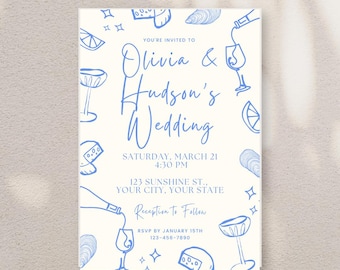 Invitación de boda en Amalfi / Mediterráneo azul y blanco (Plantilla editable)