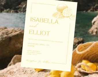 Invitación de boda con limón en la costa de Amalfi: plantilla de boda de destino de inspiración mediterránea en amarillo y dorado