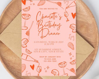 Invitación a una cena en rosa y rojo / Invitación de cumpleaños editable (5 x 7 pulgadas)