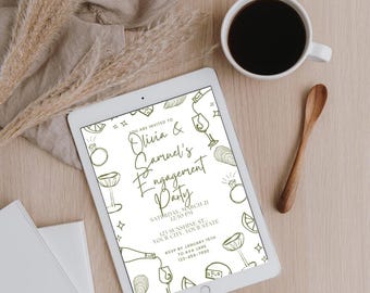 Invitación para fiesta de compromiso verde oliva / mediterránea, plantilla editable (digital)