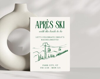 Invitación para despedida de soltera en la montaña después de esquiar / Descarga digital personalizable verde vintage para club social después de esquiar