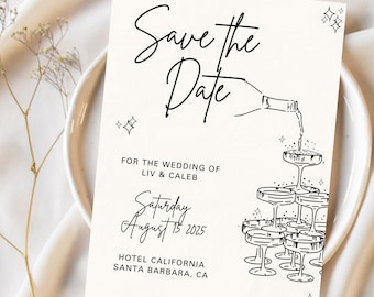 Plantilla para guardar la fecha en la Torre de Champán / Invitación de boda minimalista (descarga digital)