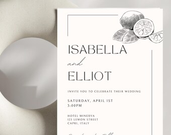 Plantilla minimalista de invitación de boda en blanco y negro con limón: diseño inspirado en la costa de Amalfi
