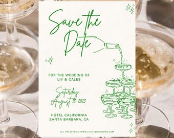 Plantilla para guardar la fecha en la Torre de Champán / Invitación de boda verde (Descarga digital)