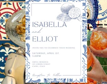 Invitación de boda con azulejos azules inspirada en la Costa Amalfitana / Plantilla clásica de boda en Capri con temática de limón