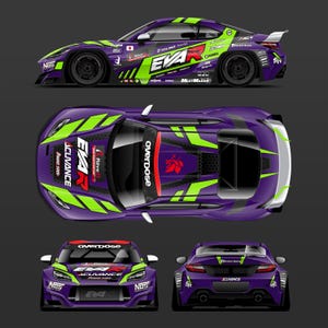 May include: A purple and green race car with the text "EVA R" and various sponsor logos. The car has a white spoiler and black wheels. The image shows the car from multiple angles, including side, top, front, and rear views.