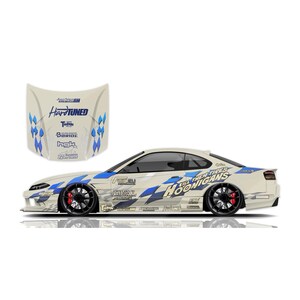 May include: A cream-colored sports car with black wheels and red brake calipers. The car has blue and white graphics, including the words "Hoonigans" and "Hard Tuned." A detached car hood with matching graphics is also visible.