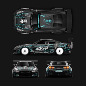 May include: A black sports car shown from top, side, front, and rear angles. The car features a cyan lightning graphic, white text reading "WISELAB FORGE", and Japanese characters. It has white disc wheels, a large rear wing, and four taillights.