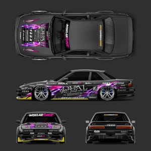 May include: A matte black drift car model featuring purple and pink flame graphics on the hood and sides. The vehicle displays various sponsor logos including Garage Dual, Taka, and Wiselab Forge, with silver multi-spoke wheels and yellow accents.