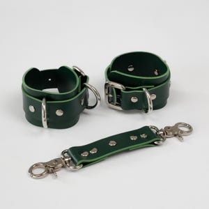 Custom Green leather cuffs, Exclusive handmade embroidery, Leather Handcuffs, Restraint Cuffs, Submissive Cuffs, Kink Toys, Sex Toys