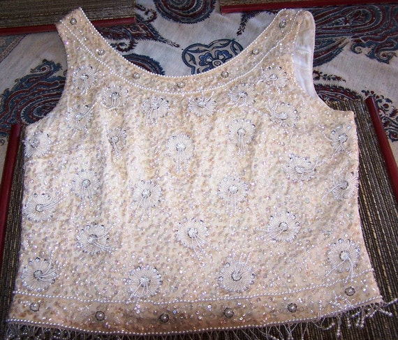Gorgeous Vintage Pearl Beaded Sequin Evening Top … - image 4