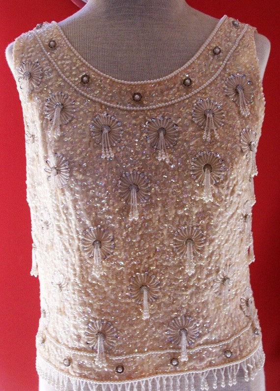 Gorgeous Vintage Pearl Beaded Sequin Evening Top … - image 1