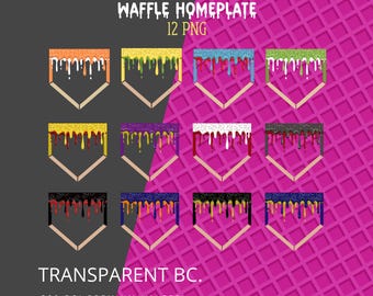 May include: Twelve digital illustrations of a waffle home plate with different colored drizzles and sprinkles. The home plate is a light brown color with a wooden stick at the bottom. The drizzles are in the following colors: orange, yellow, blue, green, gold, purple, white, black, red, dark blue, gold, and navy blue.