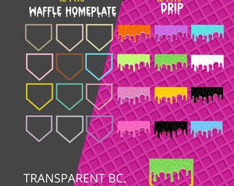 May include: 12 PNG images of waffle homeplate and drip designs. The homeplate designs are in various colors, including pink, blue, yellow, and green. The drip designs are in various colors, including orange, purple, green, and white. The images are on a pink and white waffle pattern background. The text "12 PNG WAFFLE HOMEPLATE" is in yellow text on a dark gray background. The text "12 PNG PRIP" is in yellow text on a pink and white waffle pattern background. The text "TRANSPARENT BC. 300 DPI PREMIUM IMAGES READY FOR ANY PROJECT" is in white text on a dark gray background.