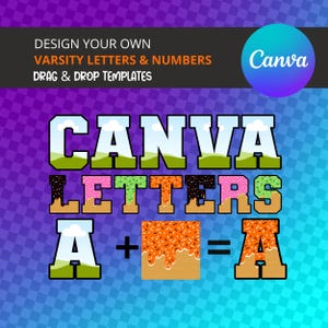 May include: A Canva graphic design template featuring colorful, customizable varsity letters. The letters are decorated with sprinkles and frosting, and the text reads "Canva Letters" and "A + = A".