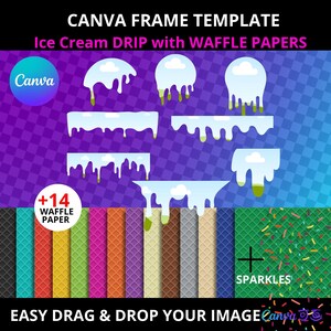 May include: A Canva frame template with 14 waffle paper backgrounds and a dripping ice cream design. The template includes a variety of shapes and sizes, and the waffle paper backgrounds come in a variety of colors. The text "EASY DRAG & DROP YOUR IMAGE" is at the bottom of the image.