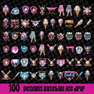 May include: 100 designs of baseball and ice cream drip graphics. The designs feature baseballs, bats, gloves, and ice cream cones with dripping ice cream. Some designs include text such as "Respect the Drip", "Baseball", "Sweet Swing", and "100 Days of School".