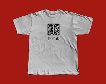 May include: A gray t-shirt with a black and white logo featuring a stylized letter J with floral accents. The logo reads "JSTOR" below the letter.