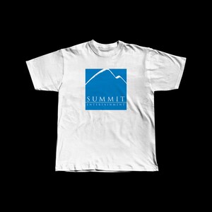 May include: White t-shirt with a blue square logo featuring a white mountain range and the text "SUMMIT ENTERTAINMENT".