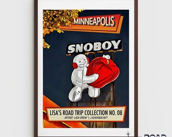 Vintage SNOBOY Sign Art Print – Retro Snowman Decor, Quirky Wall Art