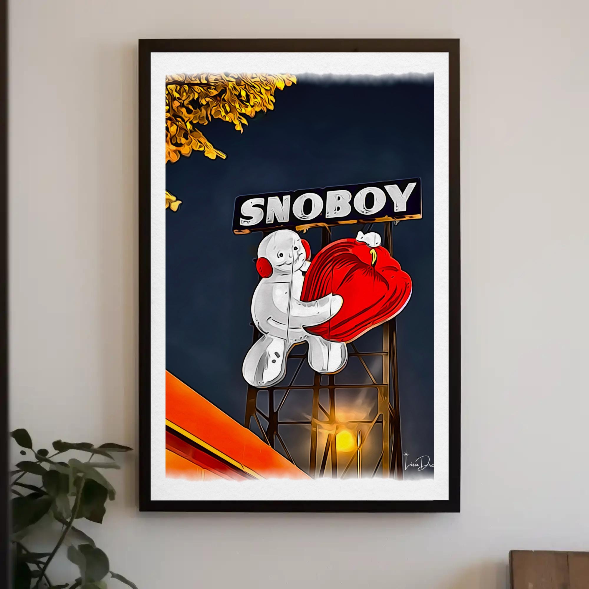 Vintage SNOBOY Sign Art Print – Retro Snowman Decor, Quirky Wall Art