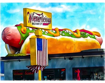 Vintage Wienerlicious Hot Dog Neon Sign Poster – Mackinaw City Roadside Americana Art