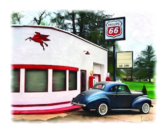 Vintage Phillips 66 Gas Station with Classic 1939 Buick Special | Nostalgic Americana Poster