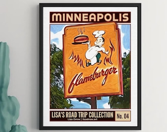 Flameburger Retro Restaurant Sign Poster – Vintage Diner Wall Art, Quirky Decor