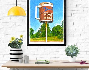 Vintage Root Beer Mug Sign Art Print: Wisconsin Road Trip Decor (16x20)
