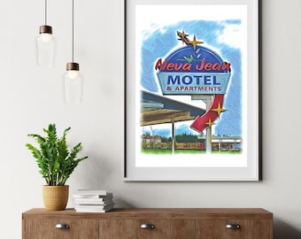 Vintage Neva Jean Motel Sign Poster - 16x20 Roadside Americana Wall Art, Retro Travel Decor