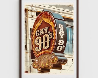 Vintage Gay 90's Neon Sign Poster – Minneapolis Landmark, Retro Bar Wall Art