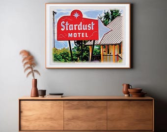 Vintage Stardust Motel Sign Poster – Retro Road Trip Wall Art, Roadside Americana